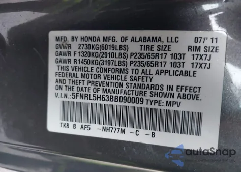 2011 Honda Odyssey Ex-L z USA, uszkodzony, nr VIN 5FNRL5H63BB090009